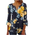 thumbnail image 1 of Pompotops Tunique Décontractée à Manches 3/4 Imprimée Florale Col en V pour Femmes Chemises Basiques d'Été Blouse Plissée Liquidation, 1 of 5