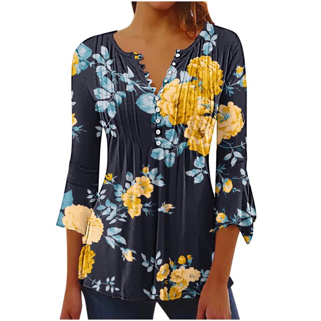 Pompotops Tunique Décontractée à Manches 3/4 Imprimée Florale Col en V pour Femmes Chemises Basiques d'Été Blouse Plissée Liquidation