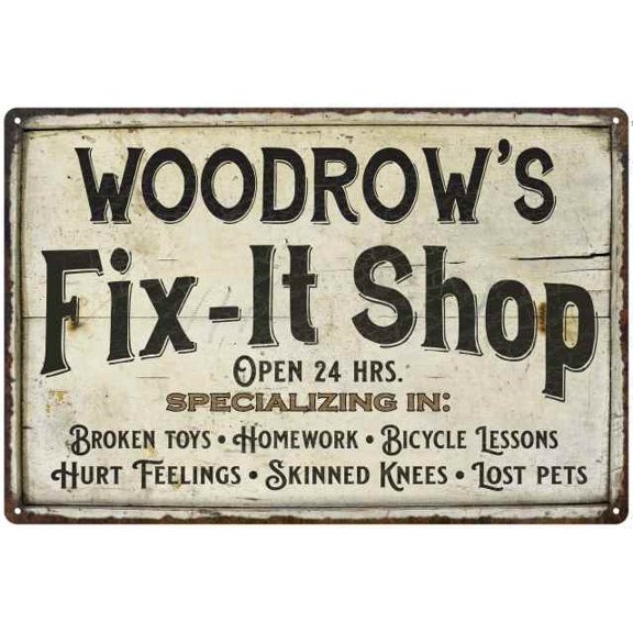 WOODROW'S Fix-It Shop Sign Grandpa Dad Wall Decor 16 x 24 Matte Finish Metal 116240006415