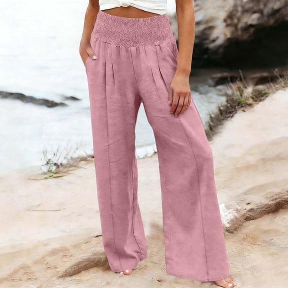 Mifsaly Wide Leg Linen Pants for Women Flowy Summer Beach Vacation Pant High Waisted Smocked Elastic Waist Casual Trousers with Pockets XXL