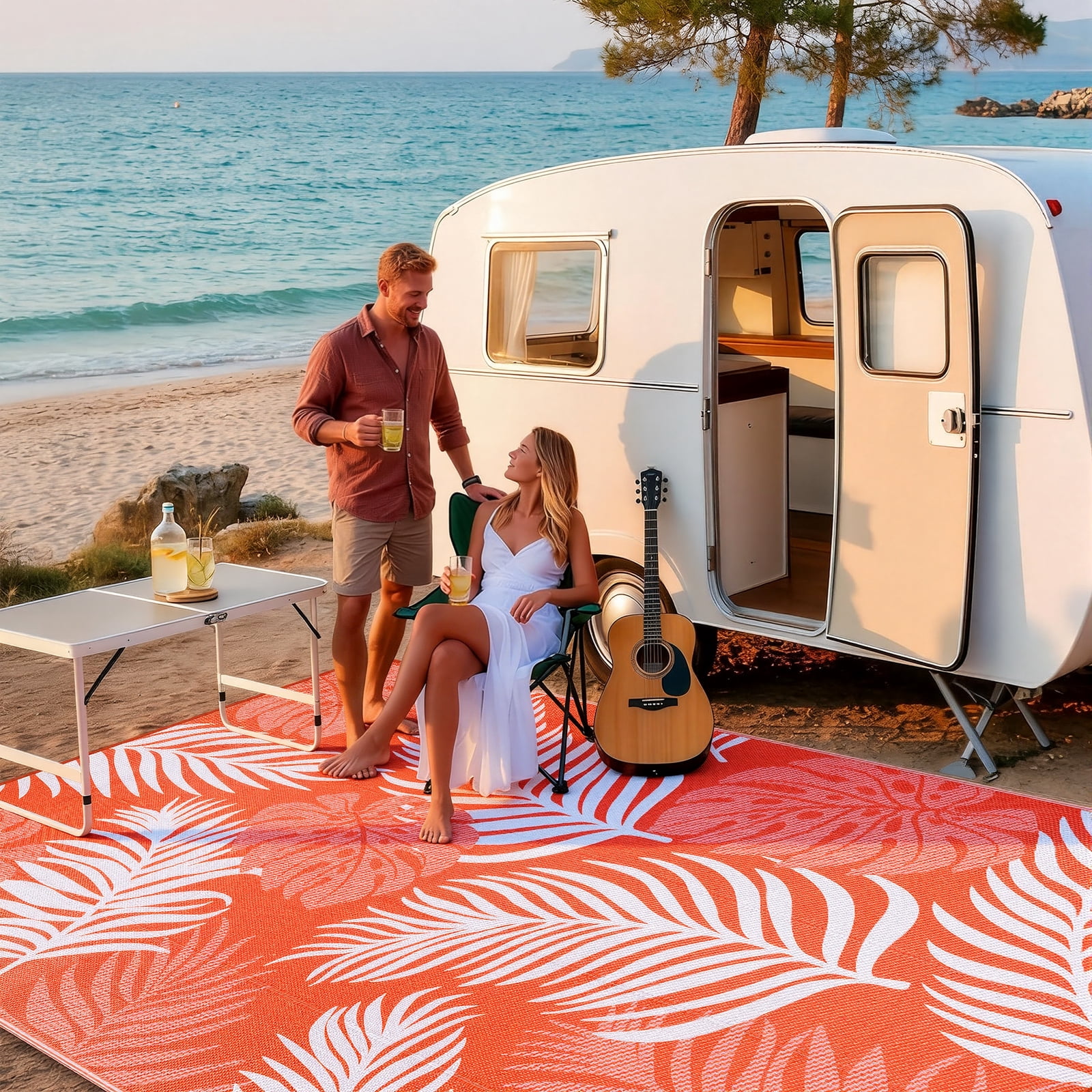 8'x10' Outdoor Rugs for Patios, Yamaziot Patio Rug RV Mats, Waterproof Reversible Plastic Straw Camping Rug for Deck Porch Balcony Beach Tropical, Orange
