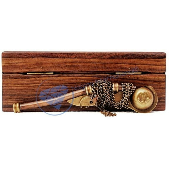 Boatswain's Brass Crafted Bosun's Pipe Whistle With Chain & Handcrafted Rosewood Anchor Inlayed Case | Pirate's Decor Collection | Maritime Decor | Nagina International (Brass Antique W/Box)