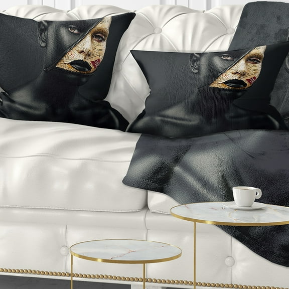 Designart Woman with a Zip on Face - Portrait Throw Pillow - 12x20