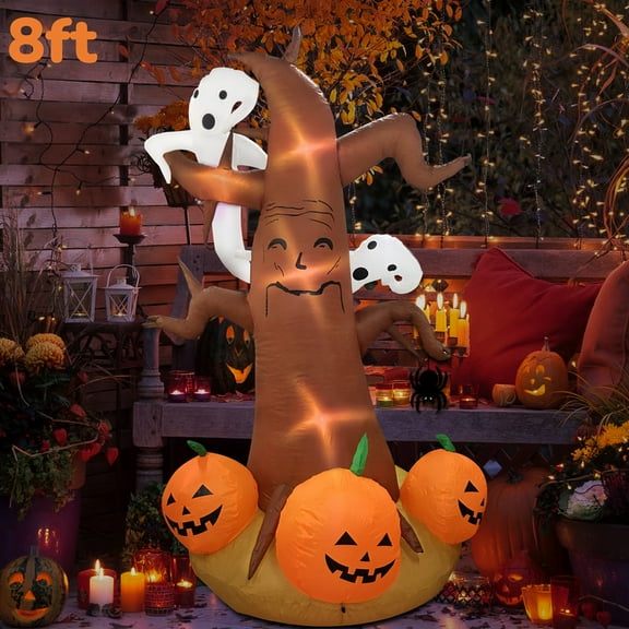 8ft Spooky Halloween Inflatable Tree with LED Ghost, Pumpkin, Tombstone – Outdoor Indoor Scary Yard Decoration with Lights for Garden & Party