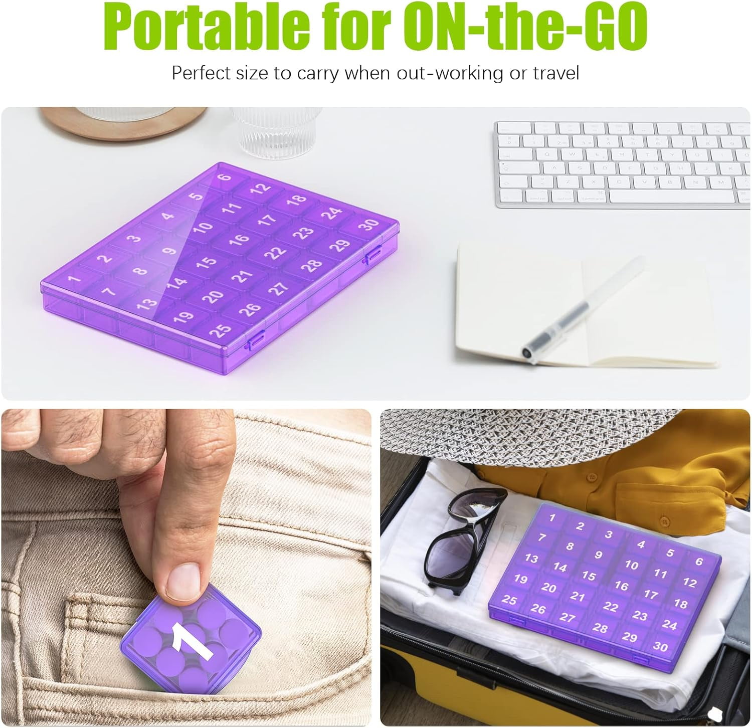 2 pieces Monthly Pill Organizer Once a Day - 30 Day Pill Organizer Box - Easy to Open - Large Compartments Portable Case for Travel, Month Pill Cases Medicine Organizer for Vitamin (Purple)