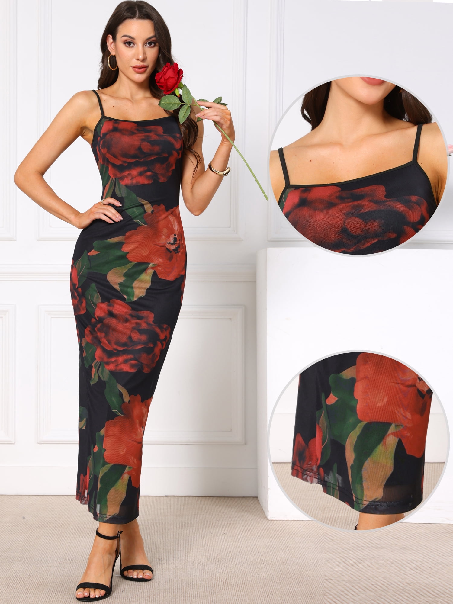 DARING DIVA Women's Floral Sleeveless Spaghetti Strap Mesh Maxi Dress S Black