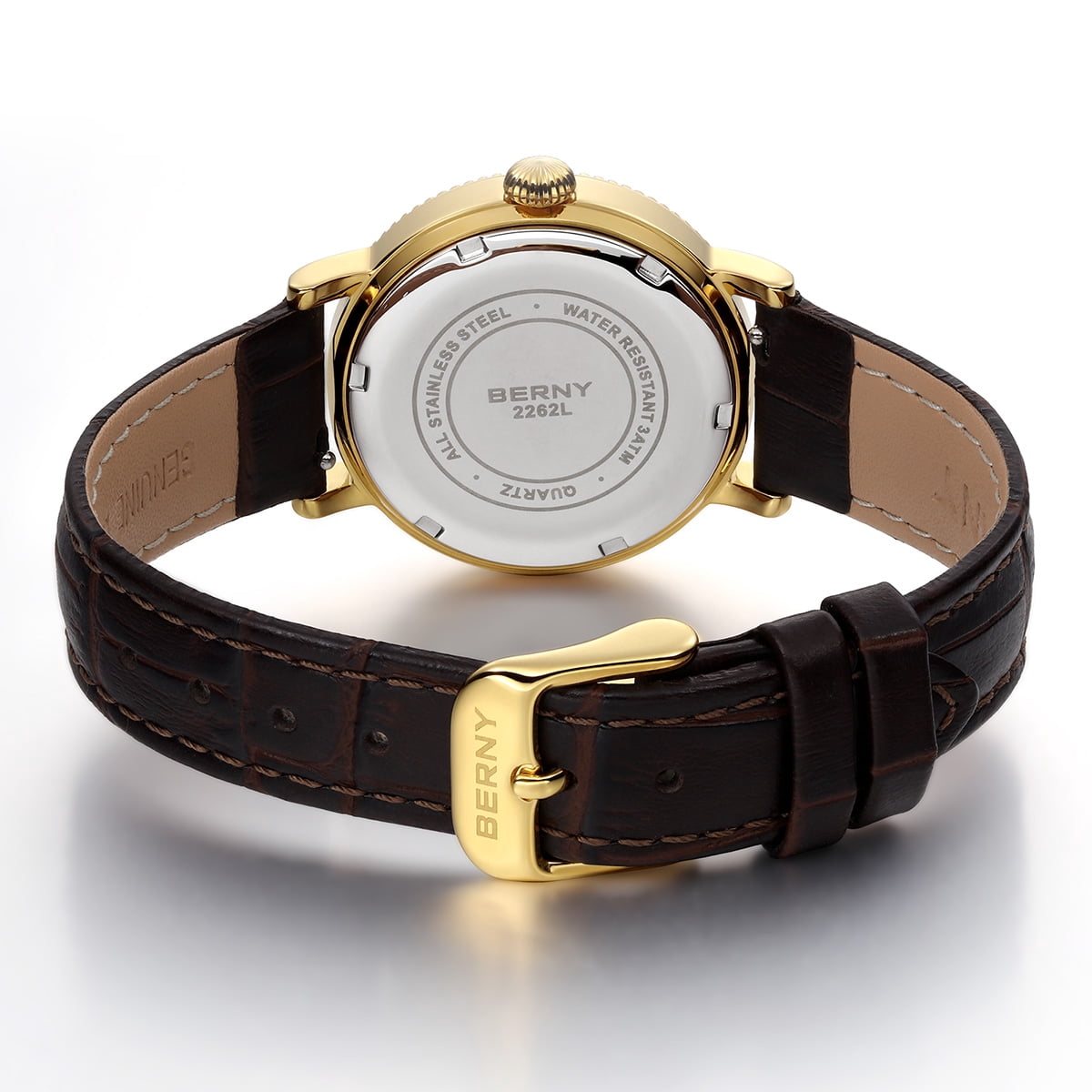 BERNY Womens Leather Watch, Vintage Roman Numerals Luxury Moon Phase Watch with Day & Date, Stainless Steel, Sapphire Crystal, Waterproof, Fashion Dress Analog Quartz Wrist Watches for Women (Gold)