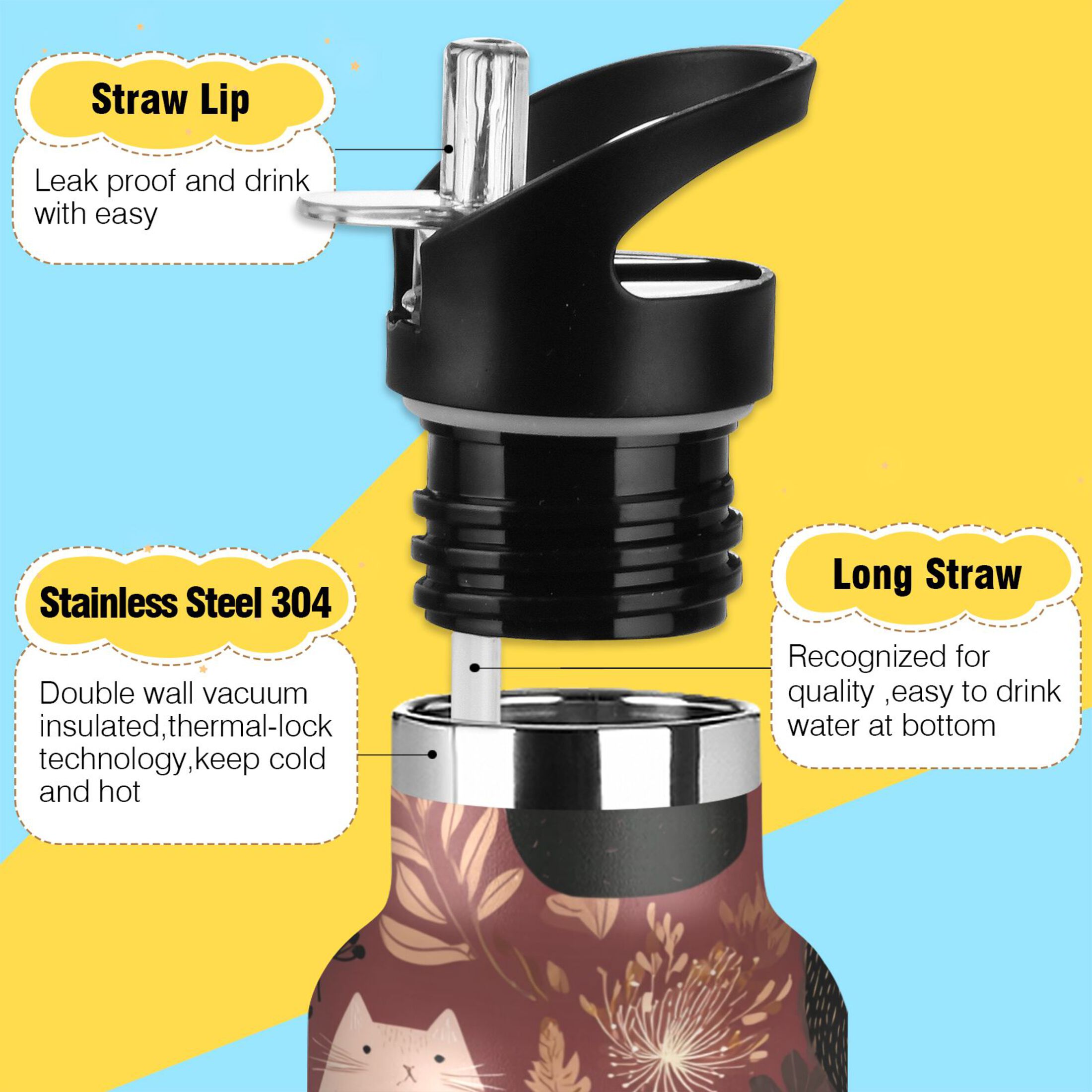 600ML Stainless Steel Insulated Cup Sports Water Bottle Portable Thermos Cup Water Glasses Insulated Tumblers Convenient and Durable Colorful Cats