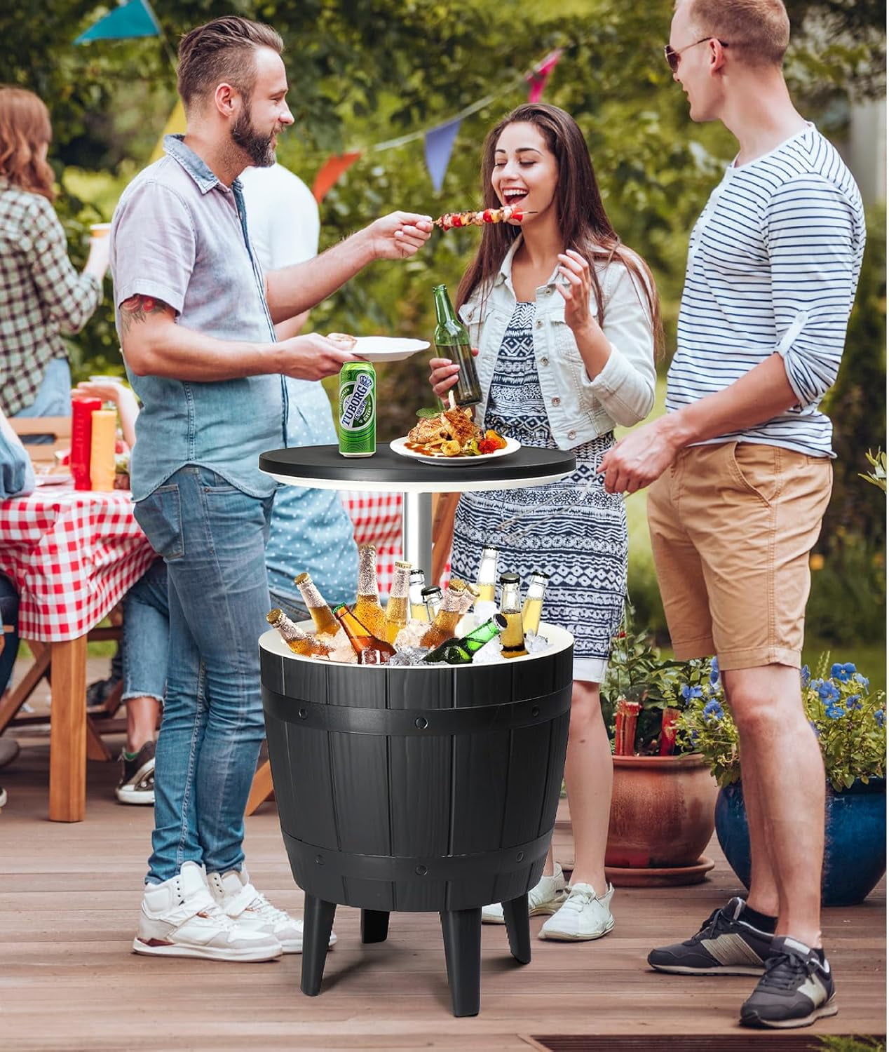 VINGLI Outdoor Cooler Table, Height-Adjustable Outdoor Cool Bar w/ 10 Gallon Beer and Wine Cooler, All-Weather Resistant Patio Cooler Ice Cool Bar for Deck Pool Party