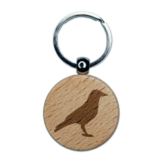 Crow Solid Round Keychain Charm Tag - Engraved Wood