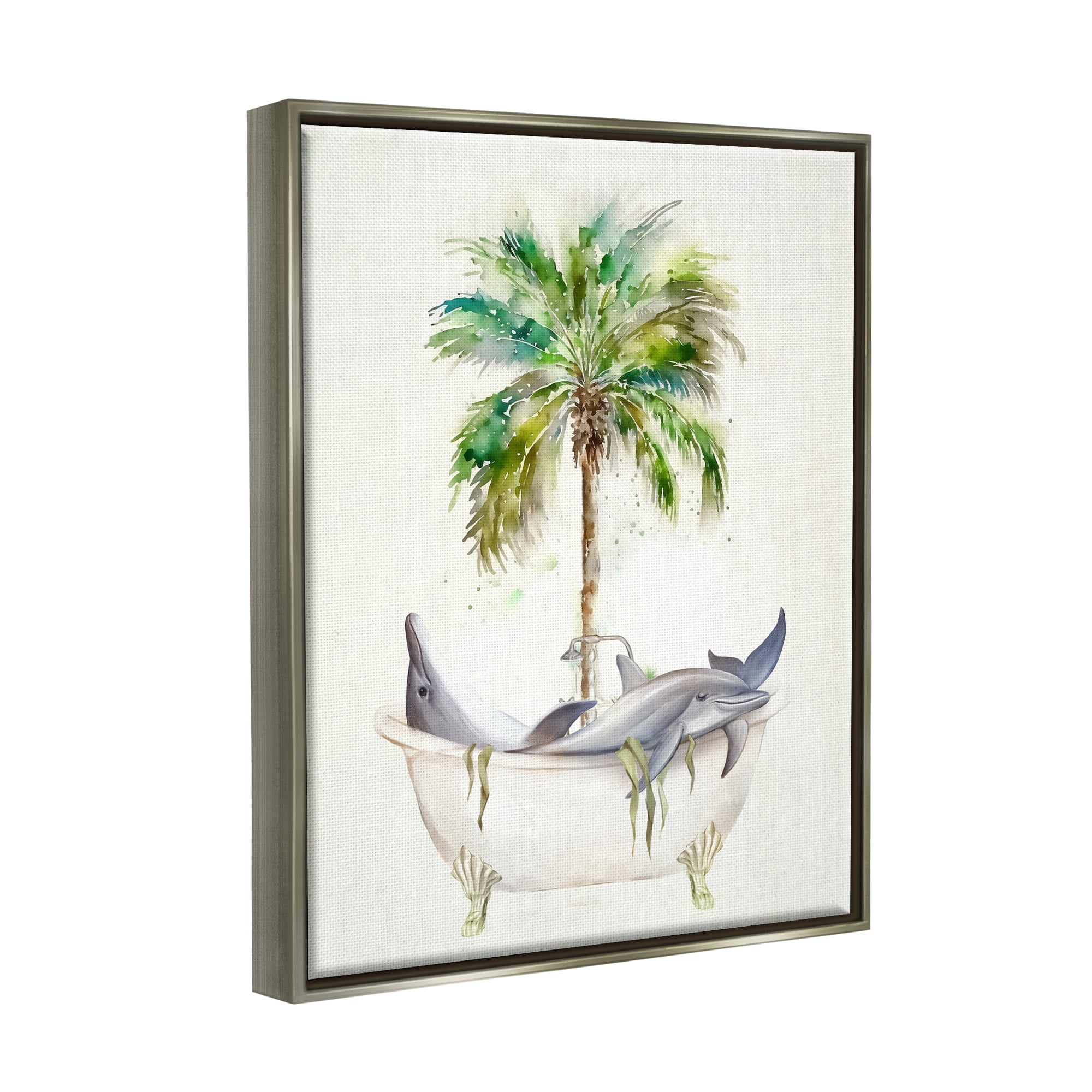 Stupell Tropical Dolphins Bathroom Tub Animals & Insects Painting Gray Floater Framed Art Print Wall Art