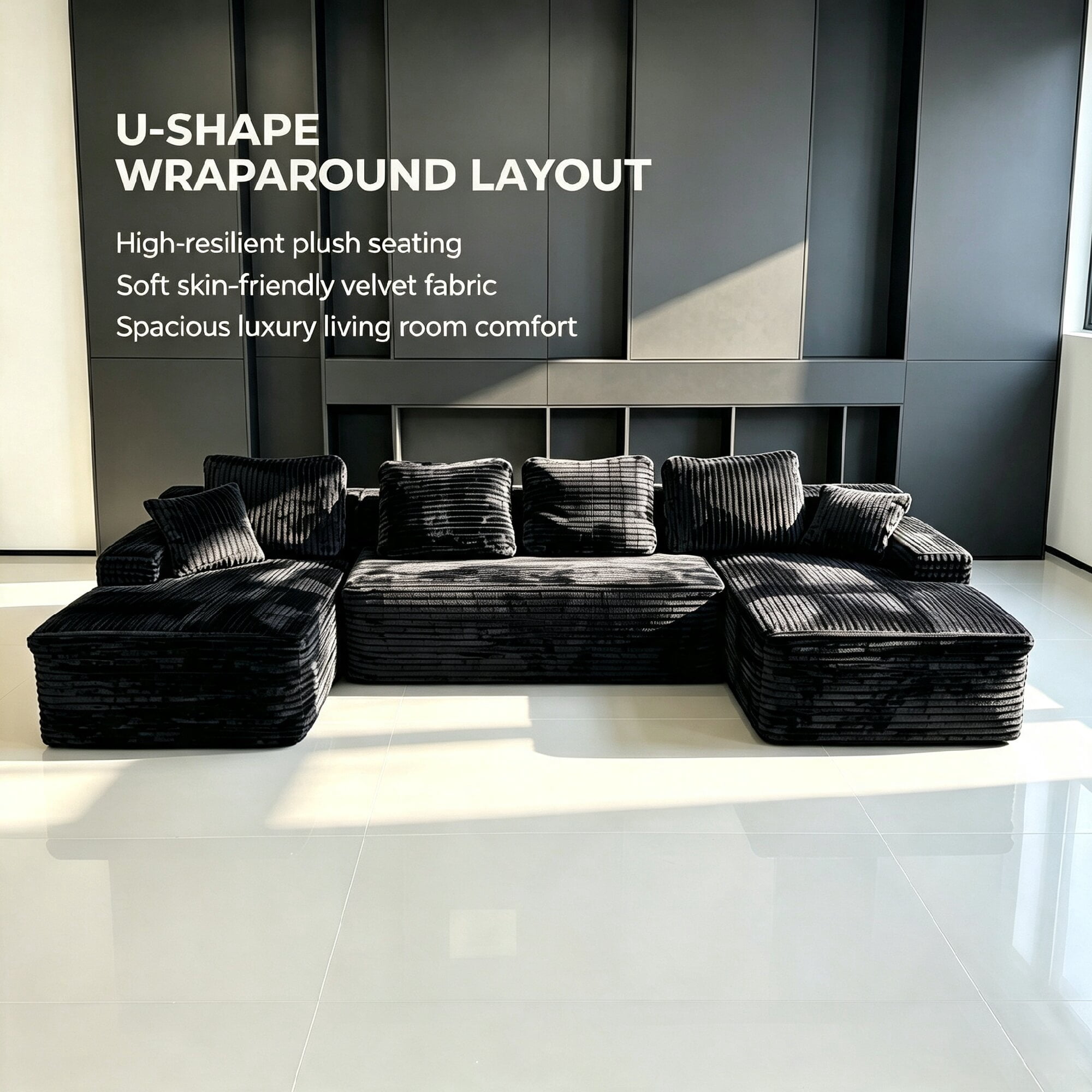 Leumius 131" Modular U-Shaped Sectional Sofa, Oversized Boneless for Living Room Chaise Convertible Compressed Sofa Black