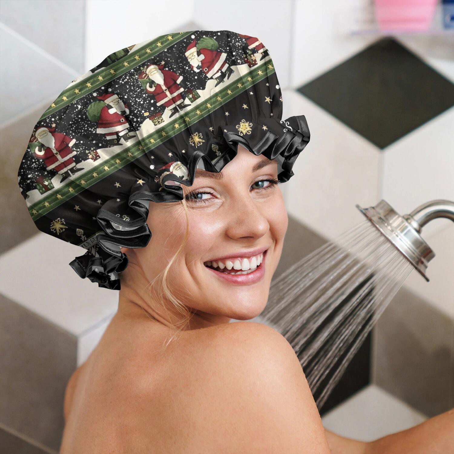 Shower Caps,Black Christmas Santa Pattern Waterproof Shower Cap for Women 4 Pieces,Double Reusable Hair Cover for Shower PEVA Elastic Stretch Hem