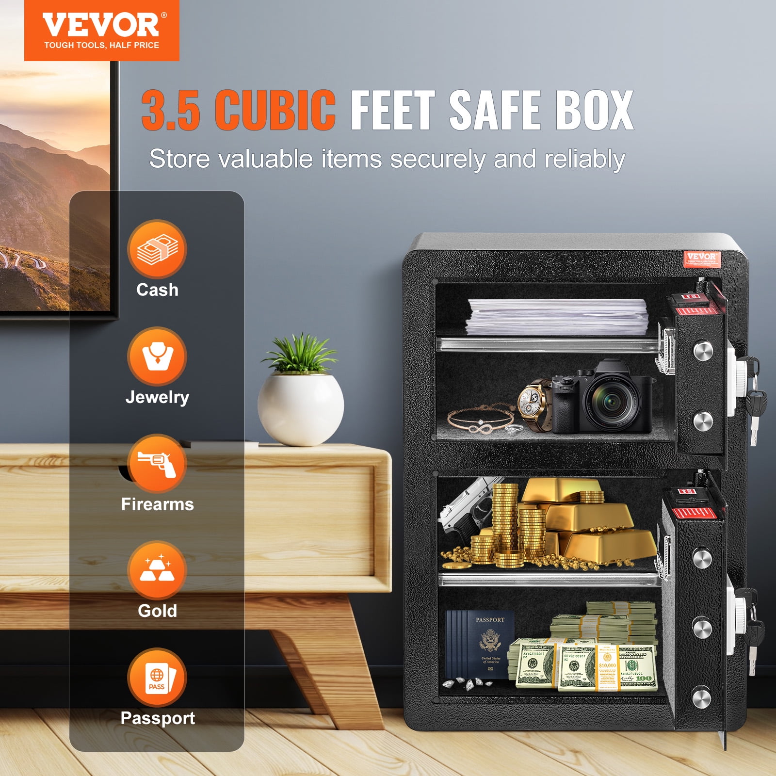 VEVOR Double Doors 3.5 cu.ft Safe Box with Key Lock & Password,Safe Lock Box with Fireproof Bag,Key Rack,LED Light and 2 Height Adjustable and Removable Divider for Money,Jewelry and Valuables,Black