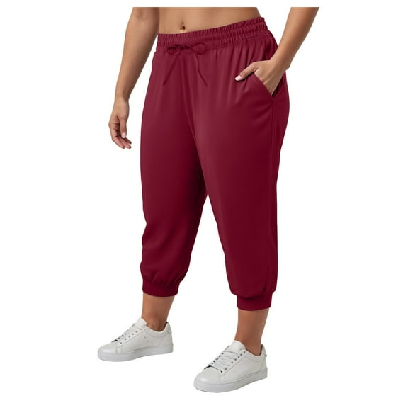 TANGQIOP Causal Pants for Women Elasticized High Waisted Drawstring Solid Color Loose Fit 3/4 Length Jogger Stretchable Wine XXXL