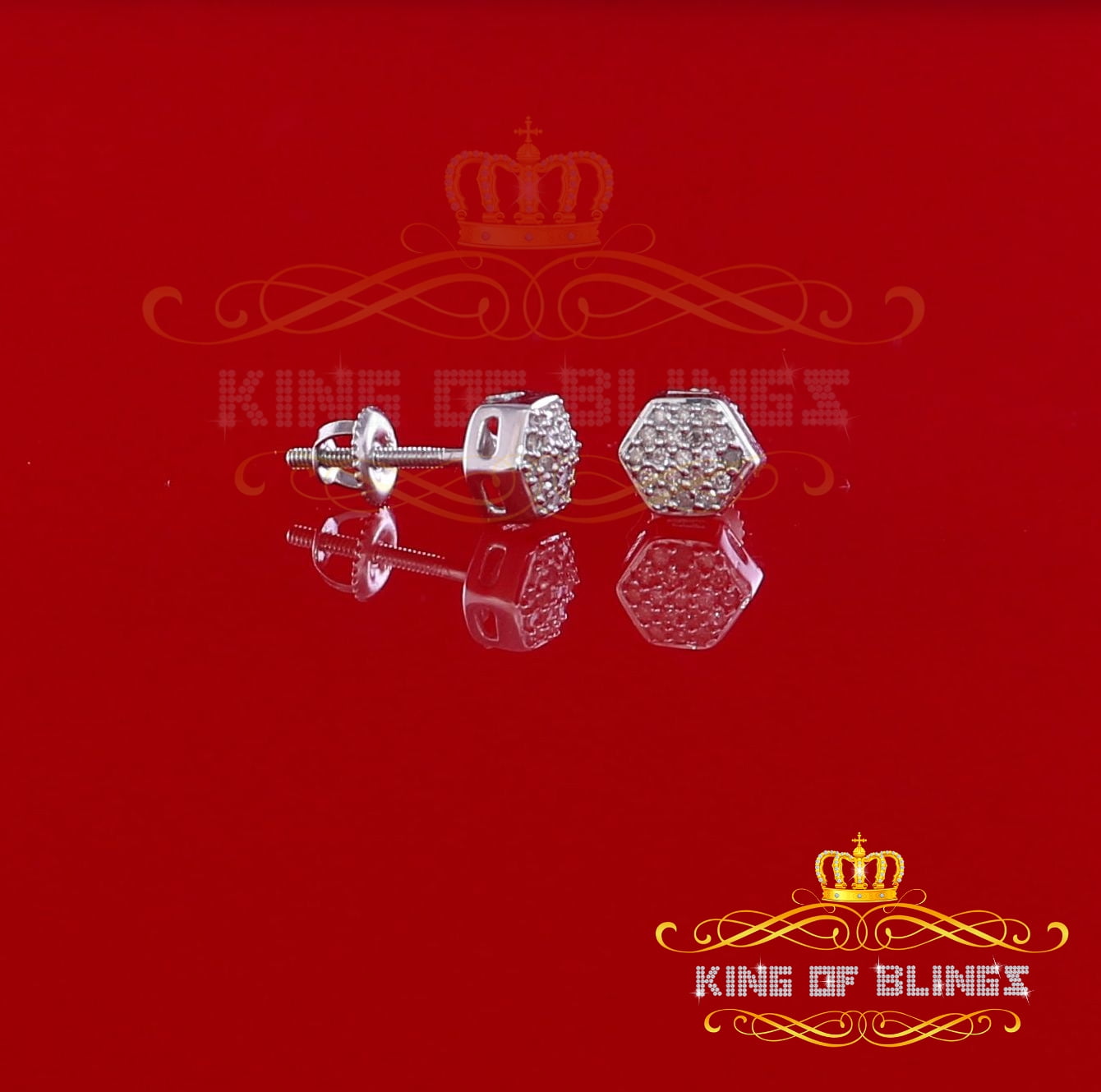 King of Bling's 0.15ct Diamond Stud Hexagon Earrings White 925 Sterling Silver For Men/ Women