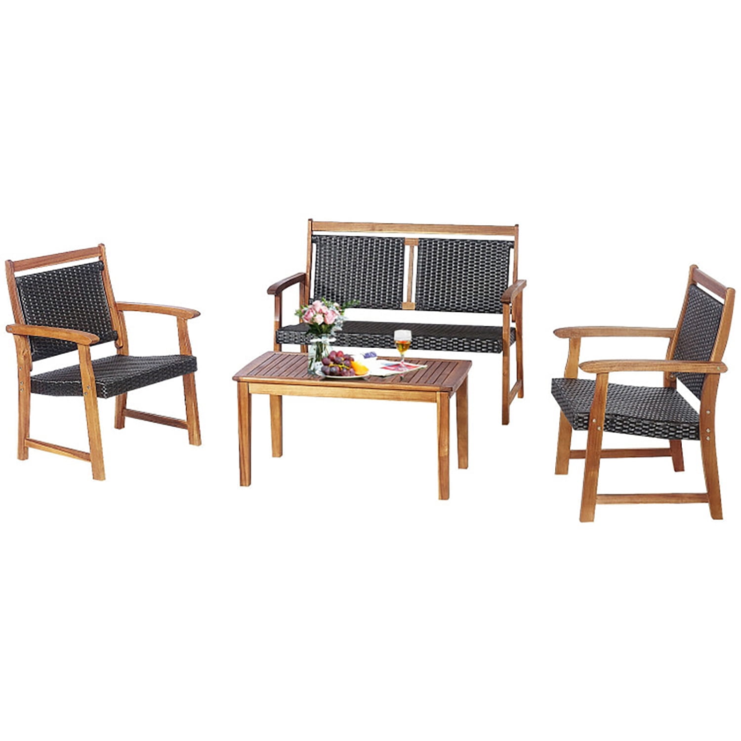 Aimee Lii 4 Pieces Rattan Bistro Set with Acacia Wood Frame, Modern Patio Furniture Aimee Lii 4 Pieces Rattan Bistro Set with Acacia Wood Frame, Modern Patio Furniture