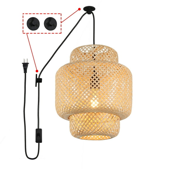Injak Hand Woven Bamboo Pendant Lighting for Kitchen Island, Plug in Cord Wicker Ceiling Hanging Lamp, Rattan Basket Chandelier Fixture for Living Room Dining Room Restaurant (Cake Lampshape)