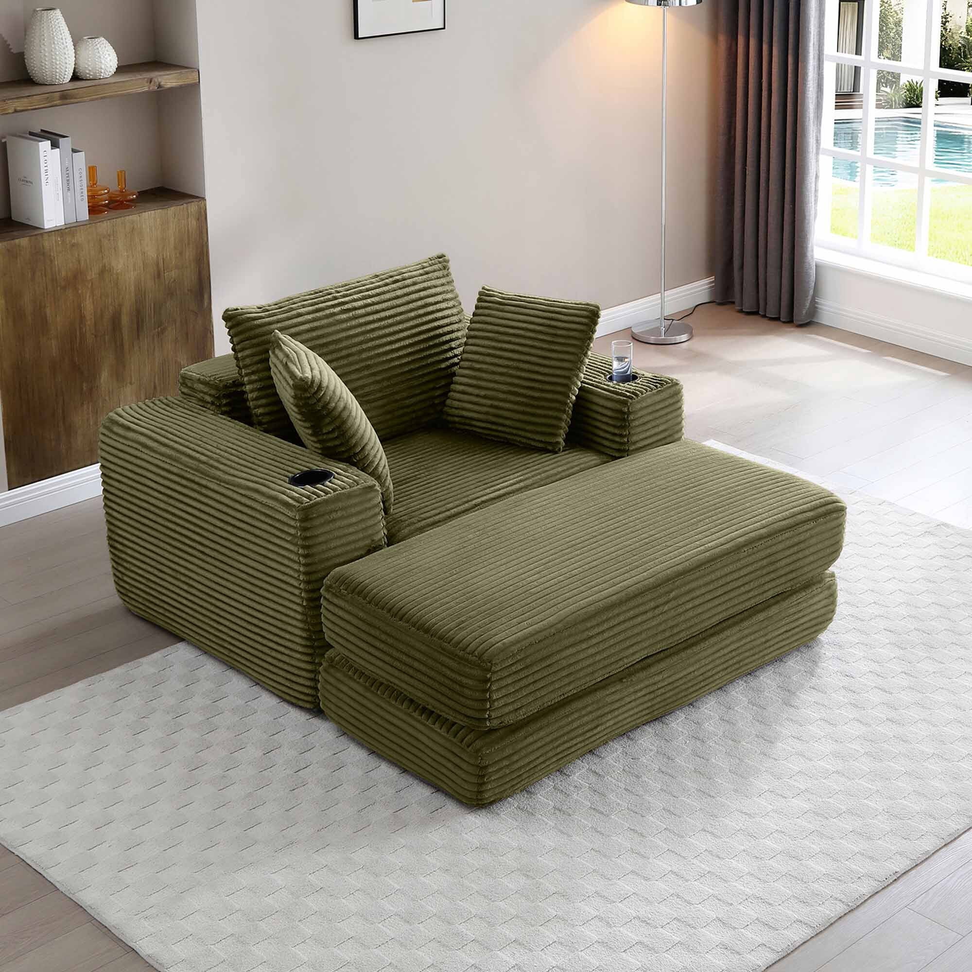 Lunale Boneless Chaise Lounge Chair with Ottoman, 52" Oversized 3-in-1 Convertible Sofa Chair for Living Room, Green Corduroy