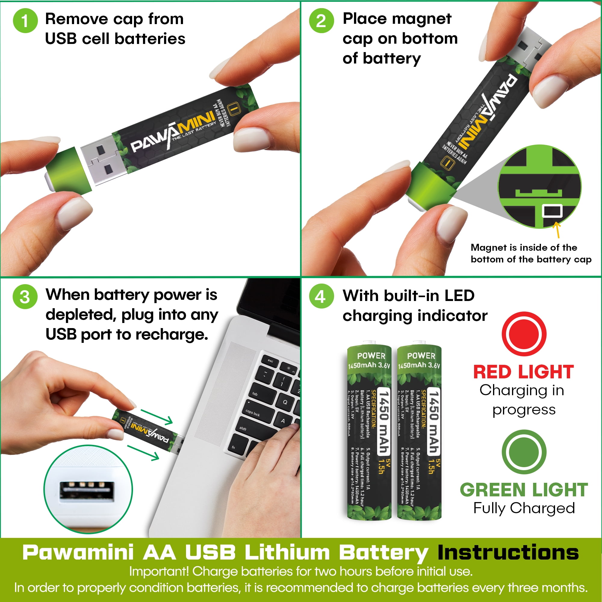 Pawa Cell - Rechargeable Long Lasting AA Batteries - 4 Pack, 1.5V, 1450 mAh by Pawamini