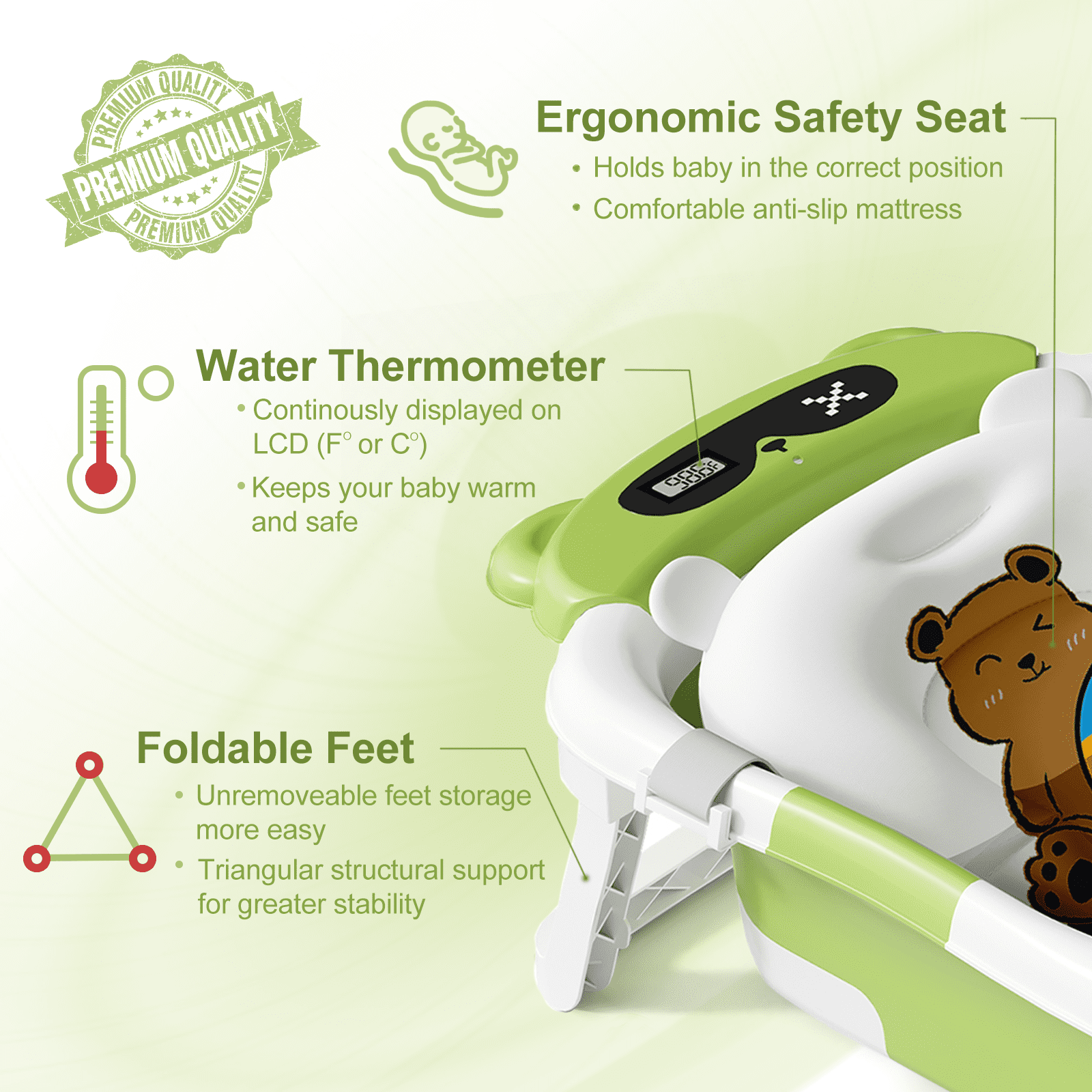 COOSEYA Baby Bathtub ,Collapsible Baby Bathtub , Bath Tub with Cushion and Thermometer ,Newborn to Toddler Portable Travel Multifunctional Bathing 0-2 Years (Bear/Green)