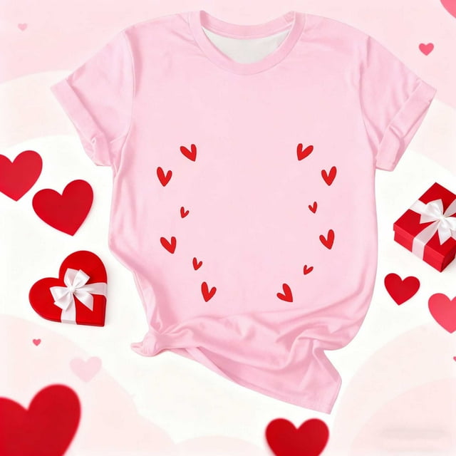 Aufmer 1 Pcs T-Shirt à Manches Courtes Imprimé pour Femmes, T-Shirt Col Rond Décontracté avec Motif à la Mode, Haut en Polyester Doux pour Printemps Été, Usage Quotidien Polyvalent pour Diverses Occasions (Rose)