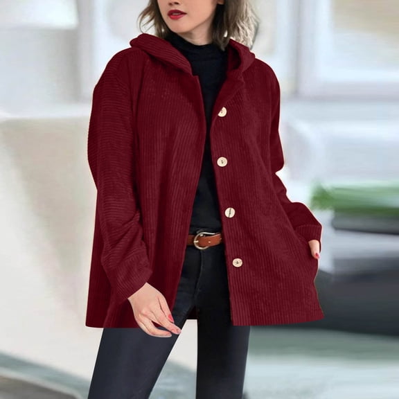 thefmos Women's Hooded Long Sleeve Corduroy Jacket Button Down Vintage Solid Color Casual Outerwear Fashion Fall Winter Clothes, Wine 2XL