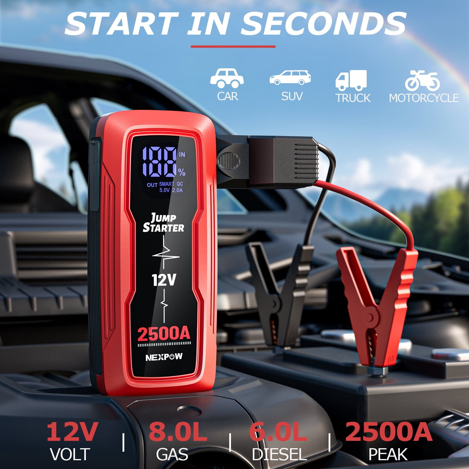NEXPOW 2500A Car Jump Starter, 18000mAh Battery Starter with LED Display (up to 8.0L Gas & 6.0L Diesel Engine),12V Auto Jump Box with LED Light,USB QC 3.0