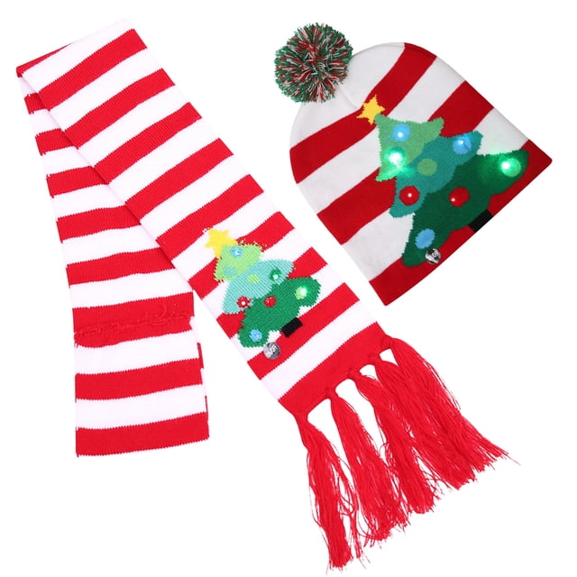 Decoraciones de Halloween, adornos de Halloween, regalos de Halloween, gorro navideño con luz LED, conjunto de gorro y bufanda de punto, tocado navideño cálido de invierno, kits de pañuelo para niños