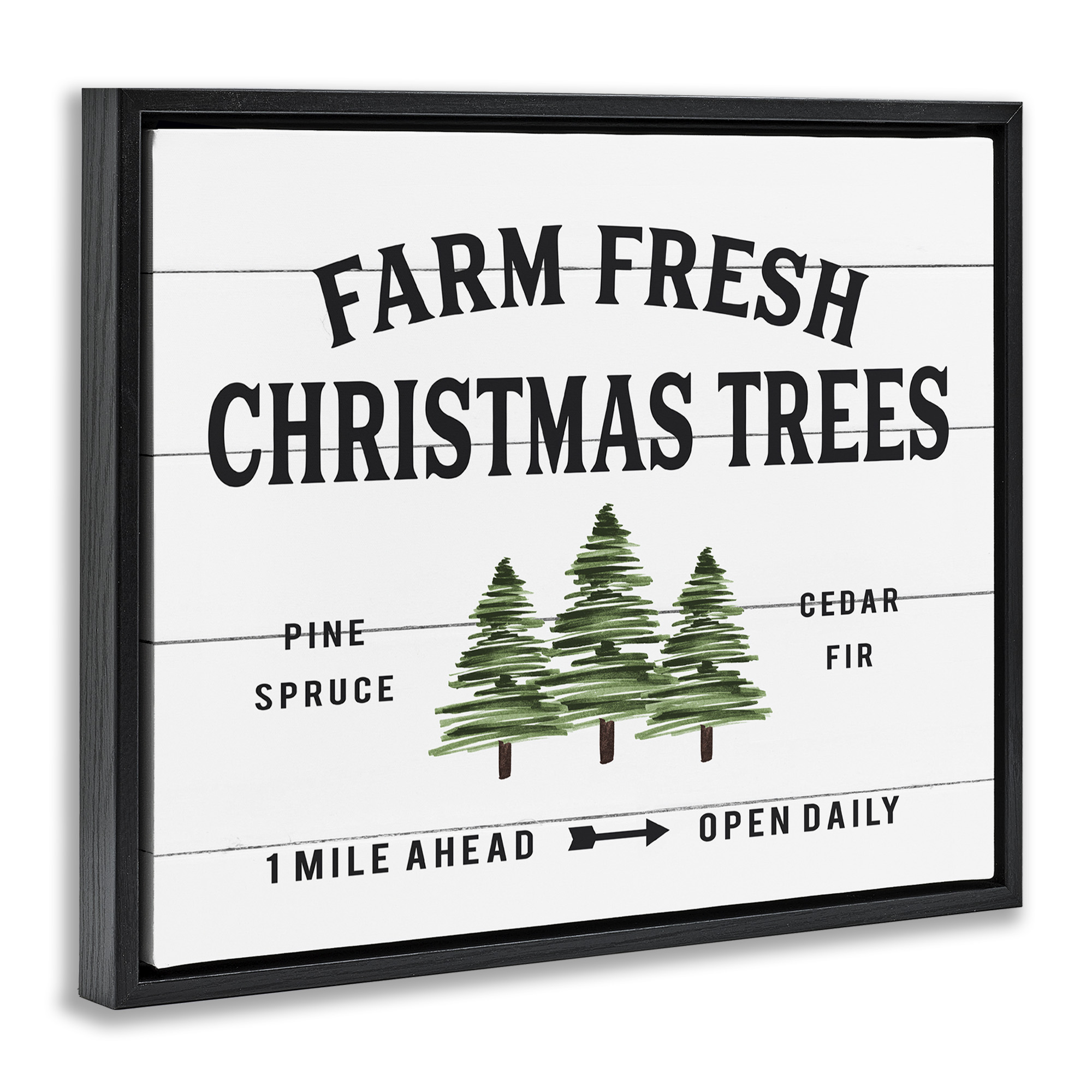 Stupell Industries White Farmhouse Christmas Tree Sign Holiday Painting Black Floater Framed Canvas Art Print Wall Art, 21 x 17