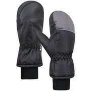 ANDORRA Boys Color Block Weather-Proof Thinsulate Snow Mittens, Long Snow Cuff,S,Black+Grey