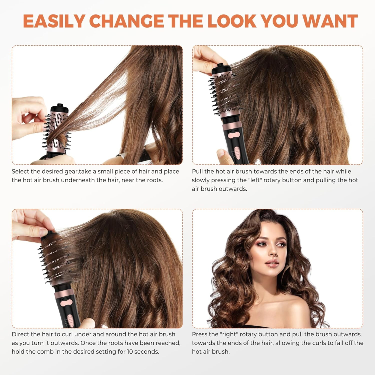 3 in 1 Rotating Hair Dryer Brush with Ionic Technology, Auto Spinning Blow Dryer for All Hair Types, 2 Detachable Brushes, 3 Heat Speed Settings, Corded Electric Styling Tool
