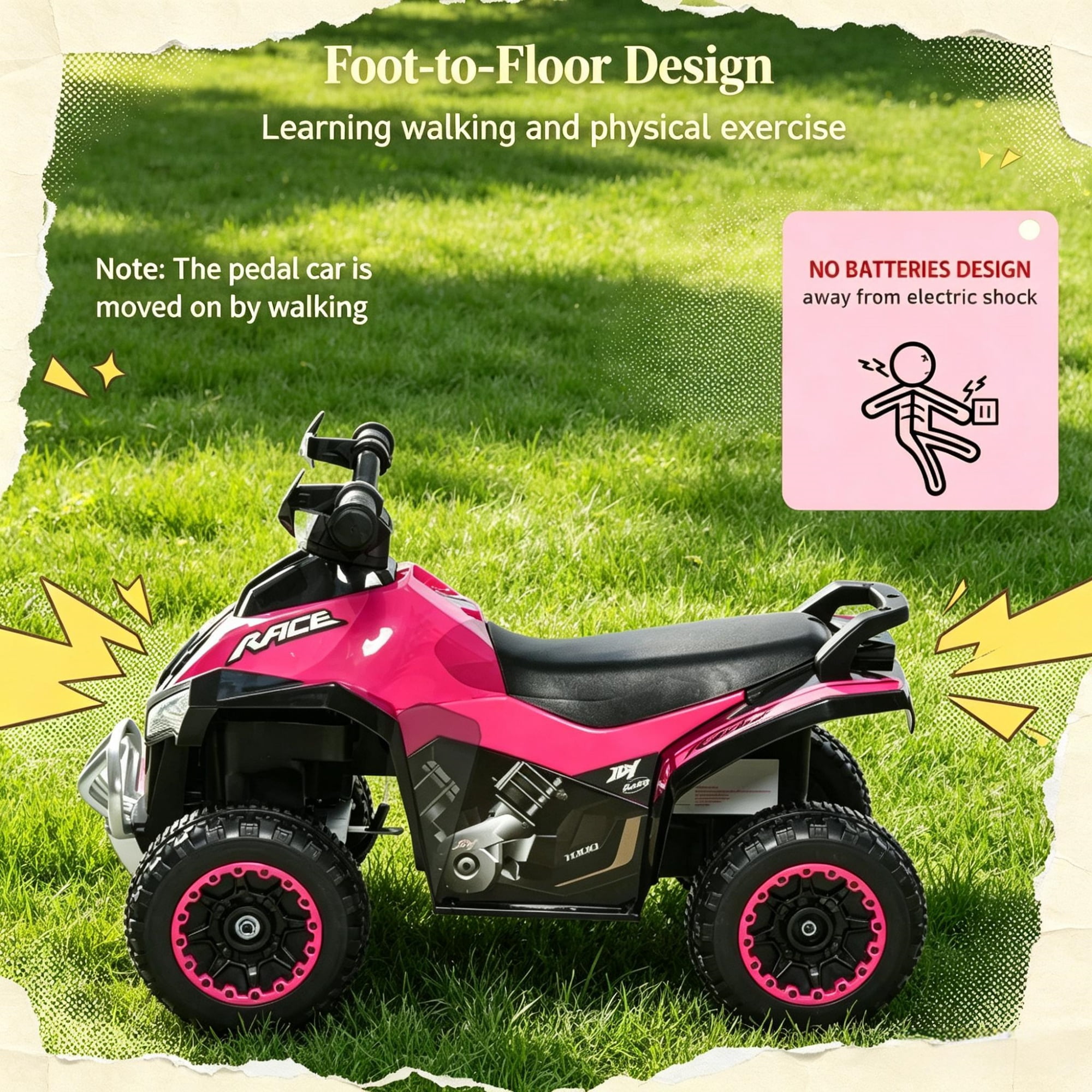 Non-Electric Toddler Ride-On Push Car, Foot-to-Floor Sliding Ride Racer ATV Toy with Music & Lights for 1.5-3 Year Old Kids, Pink
