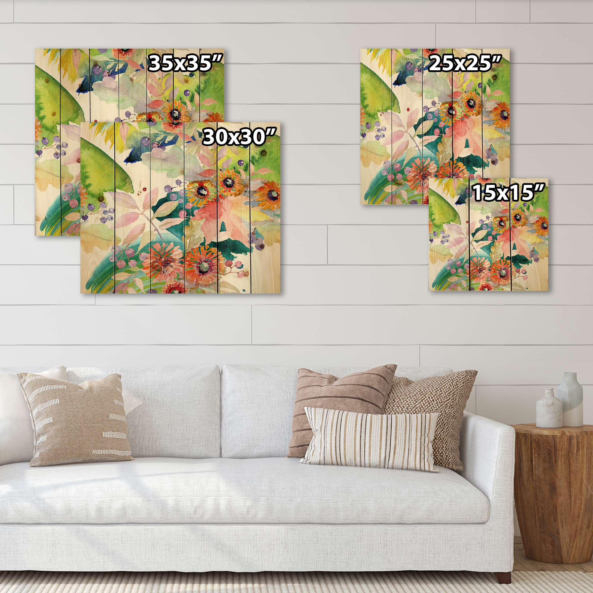 Designart 'Vital Wild Spring Leaves and Wildflowers III' Modern Print on Natural Pine Wood