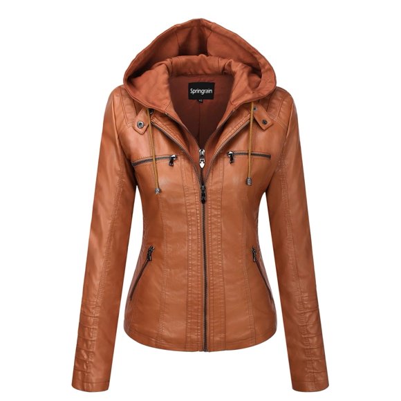 Springrain Women's Casual Stand Collar Detachable Hood PU Leather Jacket (Large, Brown)