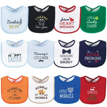 UPC: 0660168560480 | Hudson Baby Infant Boy Cotton Terry Drooler Bibs with Fiber Filling 12pk  Cute Boy Holiday Sayings  One Size