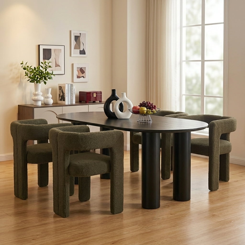 Guyou Modern Boucle Dining Chair Set of 6, Sherpa Upholstered Barrel Chair, Comfy Armchair with Open Backrest, Vanity Side Chair Accent Chair for Living Room Bedroom Dining Room, Green