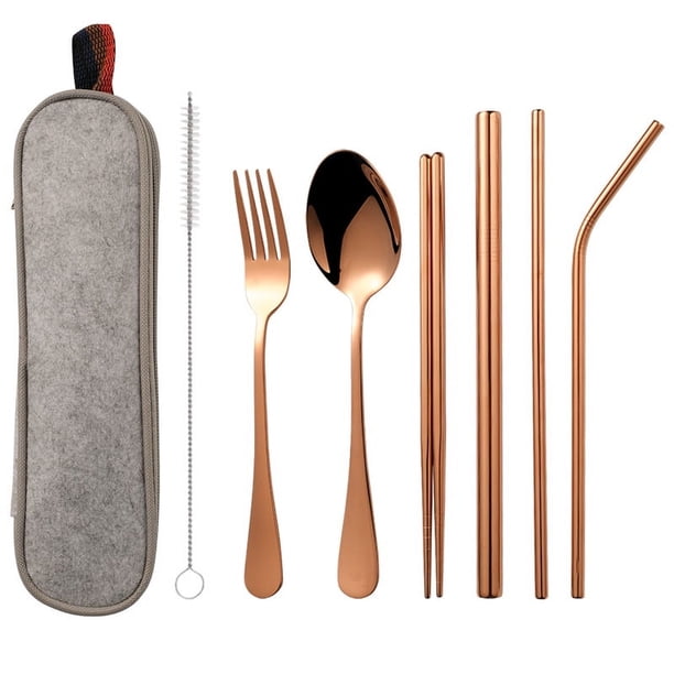 Combinación de vajilla portátil de acero inoxidable 1010 con revestimiento de titanio, cuchillo, tenedor, cuchara, palillos y pajita
