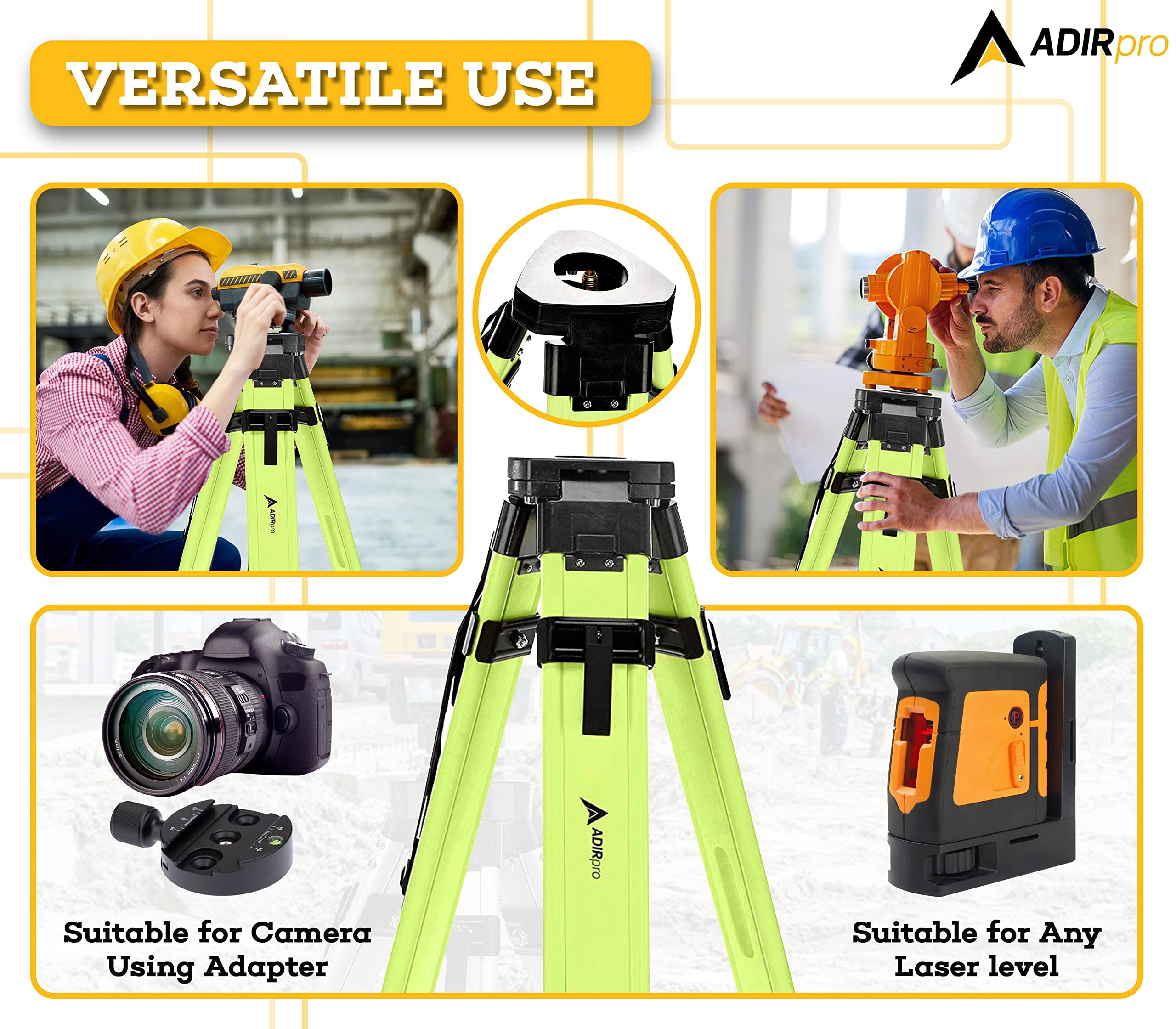 AdirPro Universal Survey Tripod – Laser Level Tripod – Transit Level Tripod - Quick Clamp - Heavy Duty Contractor Tripod 5/8” x 11” Thread (Green Aluminum)