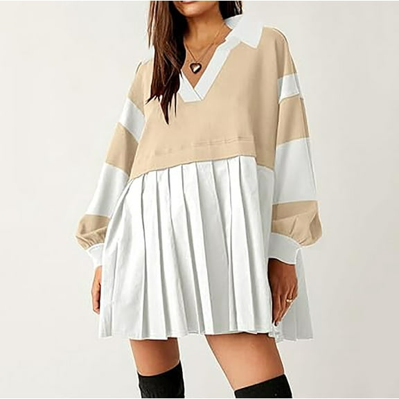 Wancir Women Oversized Sweatshirts Hoodie Long Sleeve V-neck Patchwork Pleated Pullover Mini Dress Fall Outfits 2024