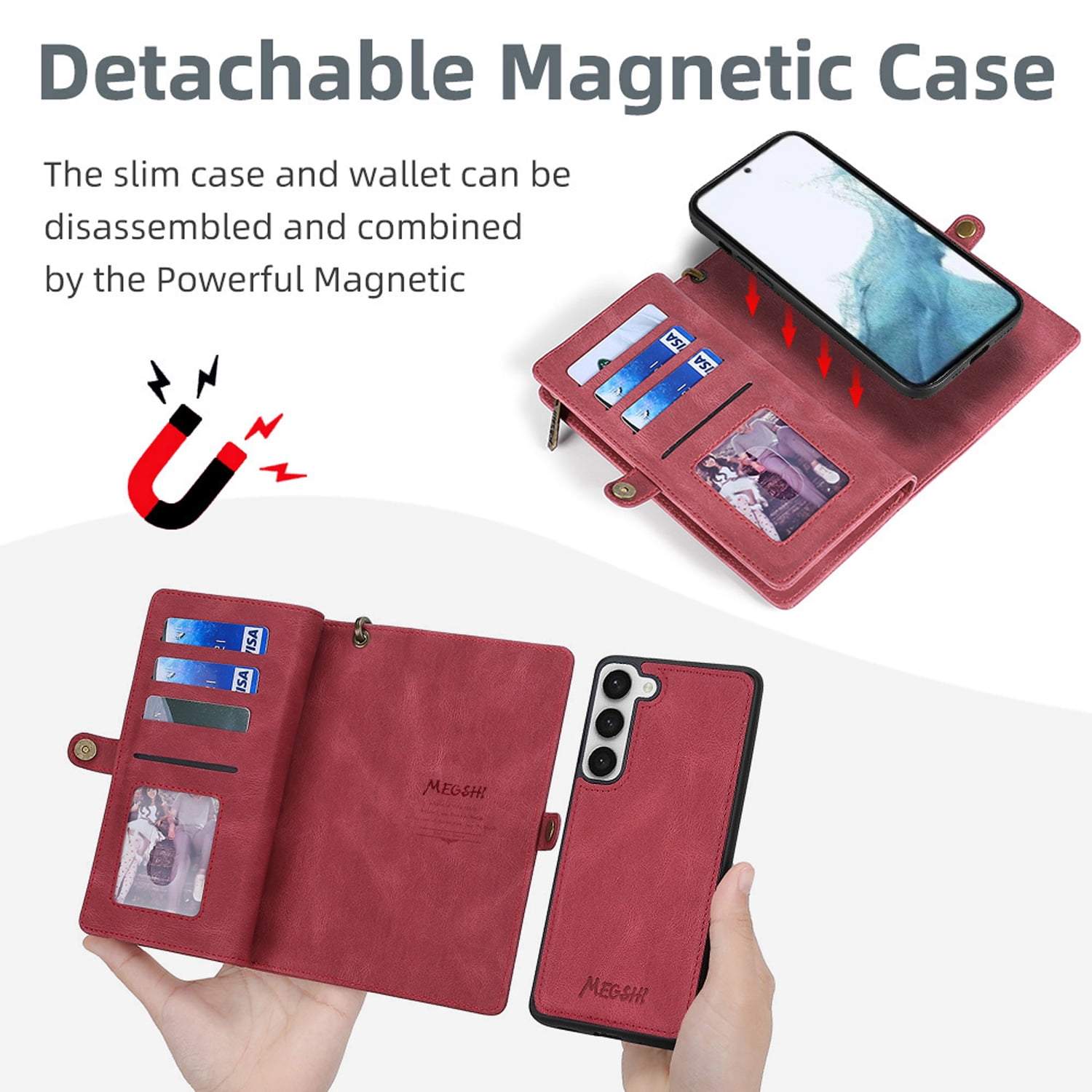 for Samsung Galaxy S25 Plus Case for Women Men, Removable Durable PU Leather Magnetic Flip Strap Wristlet Zipper Purse Card Holder Detachable Wallet Phone Cases for Samsung Galaxy S25 Plus, Red