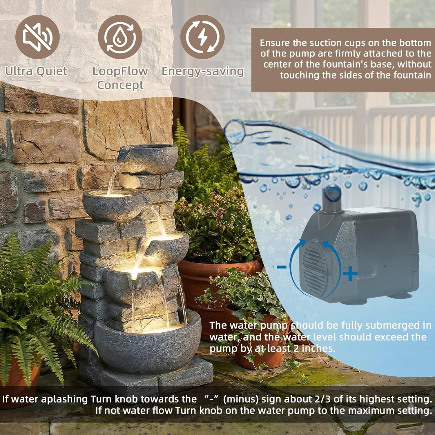 EPICOZY 33" Tall Outdoor Water Fountain, 5 Tier Cascading Bowls and Stacked Stone Wall Waterfall Fountain with Warm LED Lights, Resin Garden Water Feature for Patio, Backyard and Home Art Décor