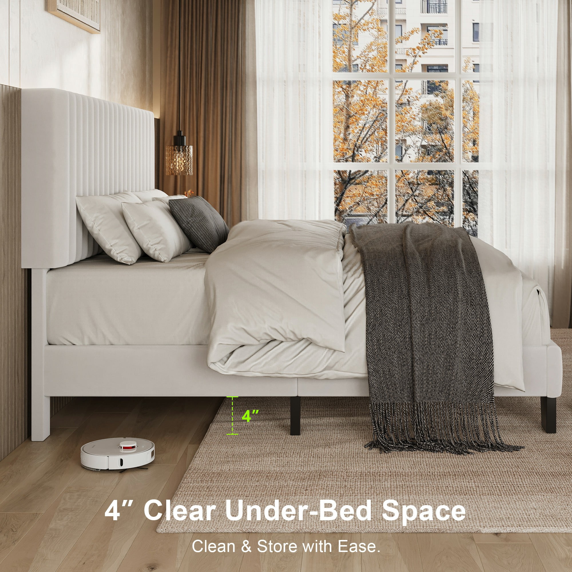 Virans Full Size Bed Frame, Upholstered Linen Platform Bed frame with Fabric Headboard,Solid Wood Slats Support,Noise Free,No Box Spring,Easy Assembly,White