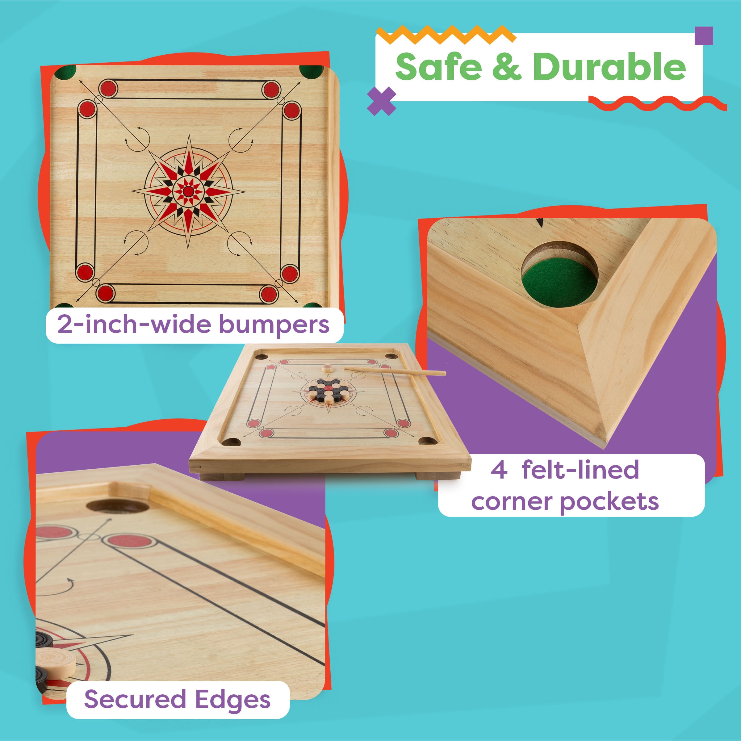 Rockin’ Rollers Carrom Board Game with Coins and Strikers, Wooden Board Game Set for Adults and Kids - 26" Square