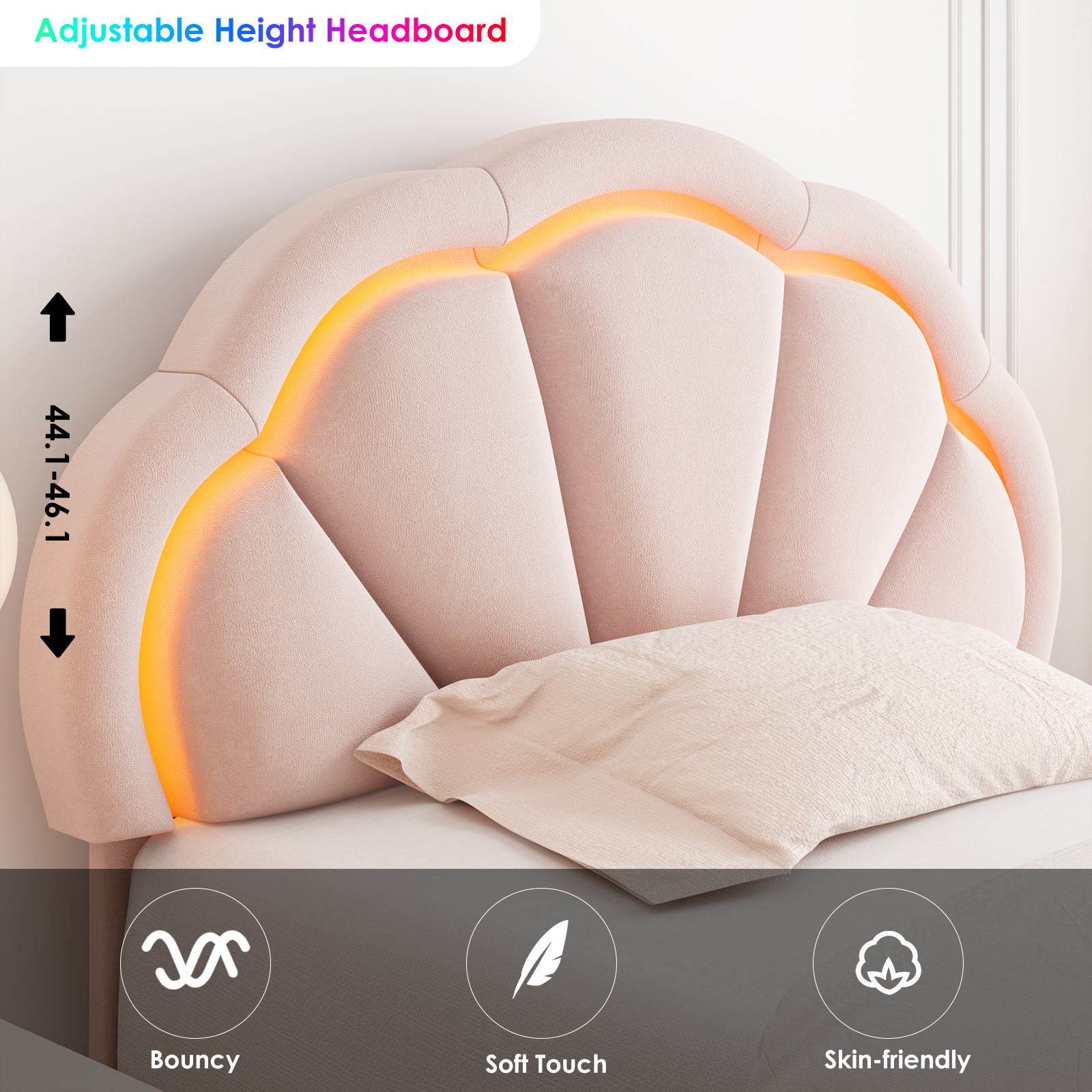 Homfa LED Bed Frame, Twin Size Velvet Upholstered Platform Bed with Adjustable Headboard, Lights Seashell Bed, Pink