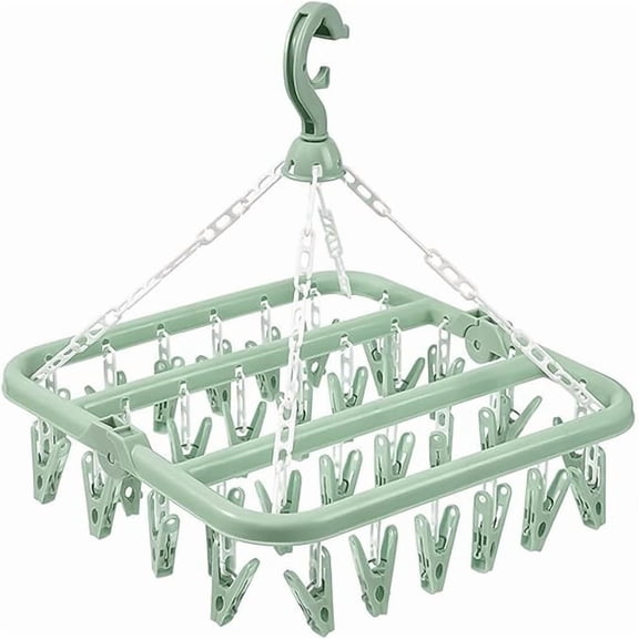 Clothes Drying Hanger with 32 Clips, Foldable Design Multi-Functional Sock Dryer and Rotary Wind-sock hanger for washing line, Ideal Hanger for Socks, Underwear, Bras, Baby Clothes (Green)