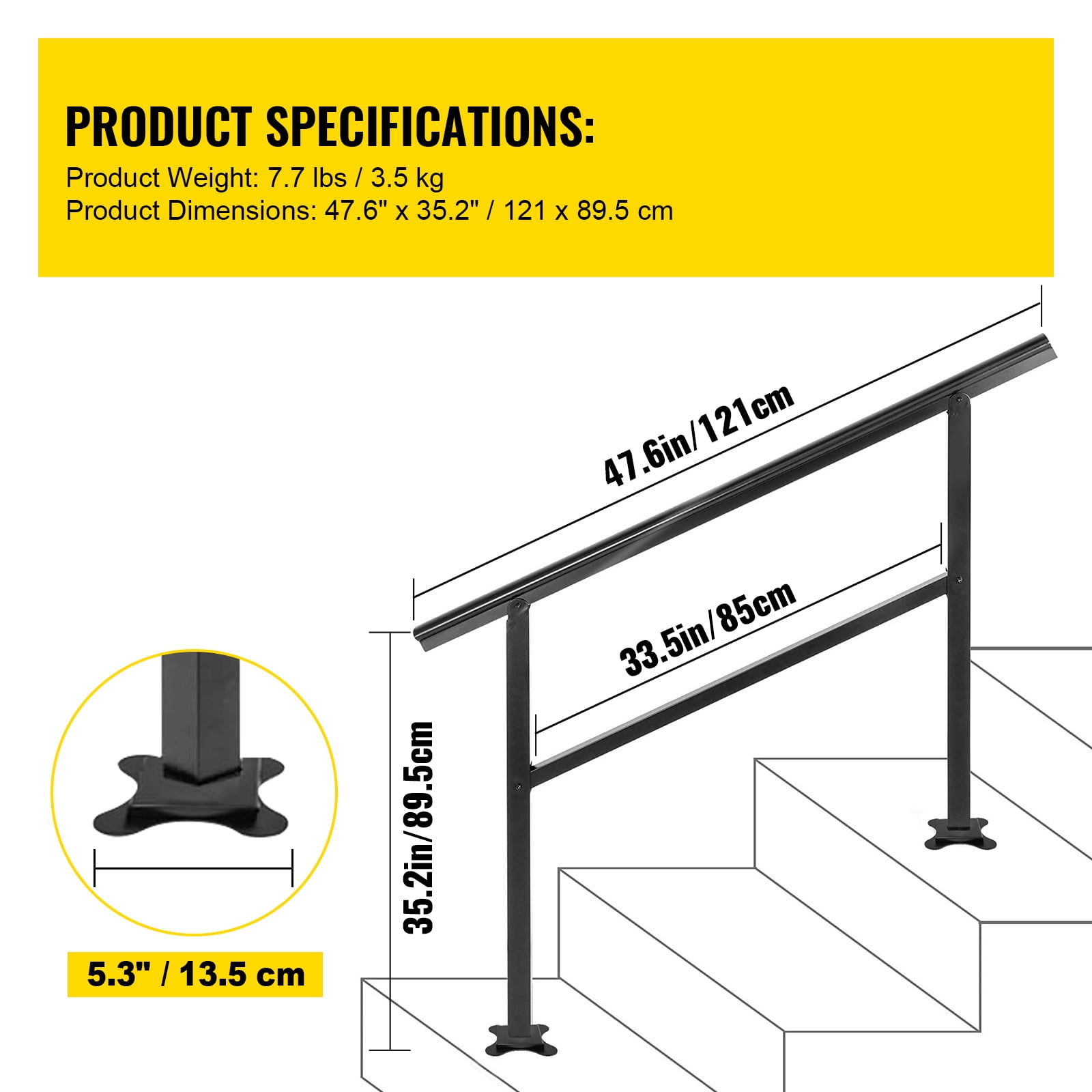 SKYSHALO Outdoor Handrail Aluminum Stair Handrail 48" x 35.5" Outdoor Stair Railing Transitional Range from 0 to 50 Staircase Handrail Fits 2-3 Steps
