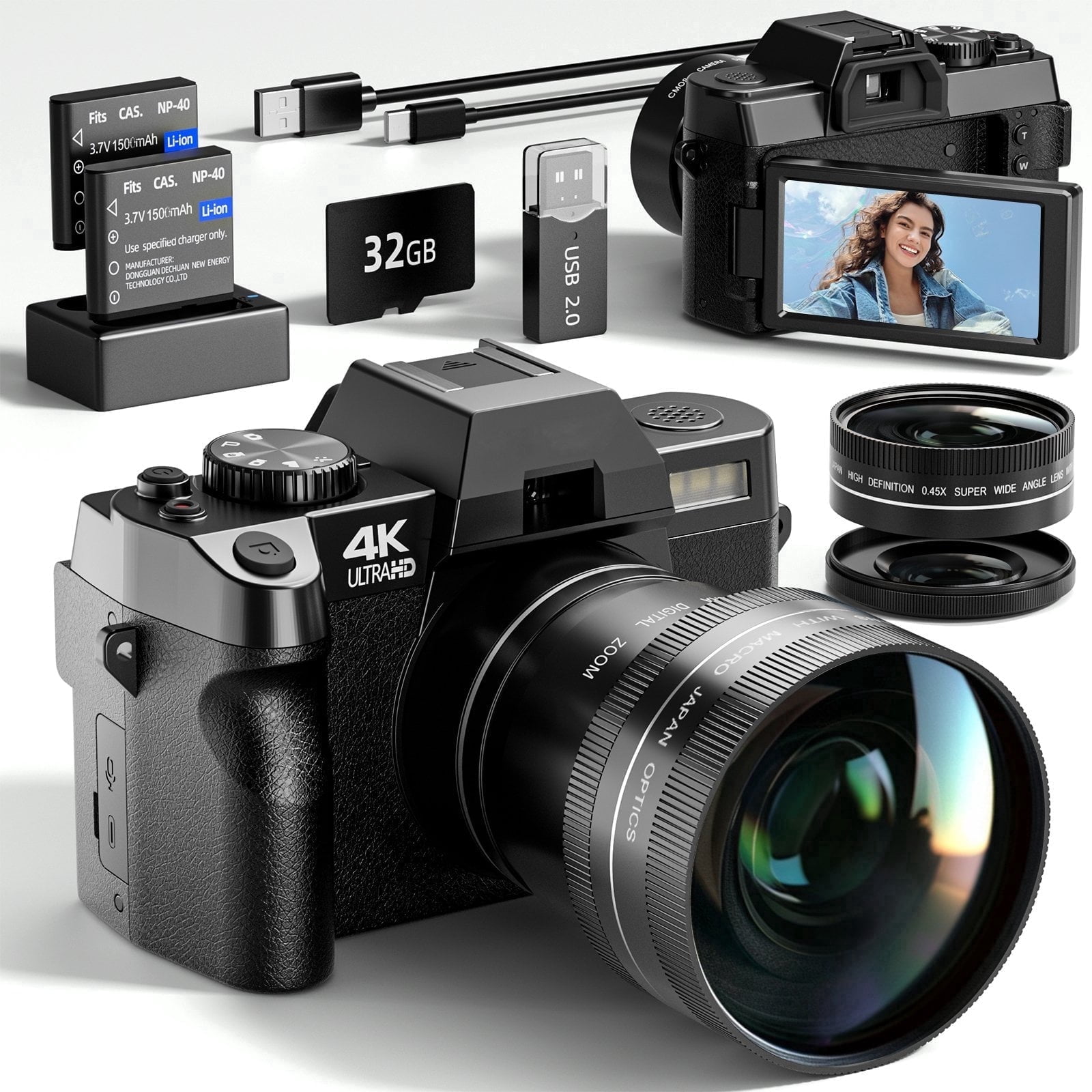 HHD 4K 48MP Digital Vlogging Camera,180° Flip Screen,16X Zoom,WiFi,2 Batteries,32GB TF Card & Full Accessories