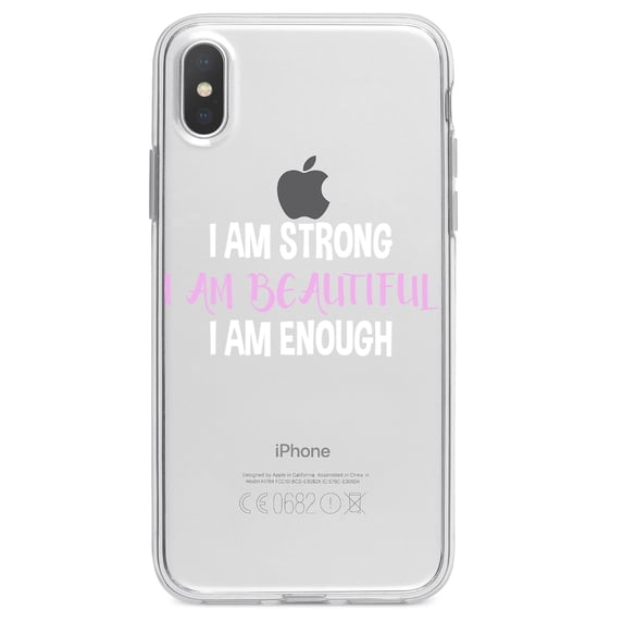 DistinctInk Clear Shockproof Hybrid Case for iPhone XS Max (6.5" Screen) - TPU Bumper Acrylic Back Tempered Glass Screen Protector - I Am Strong I Am Beautiful I Am Enough