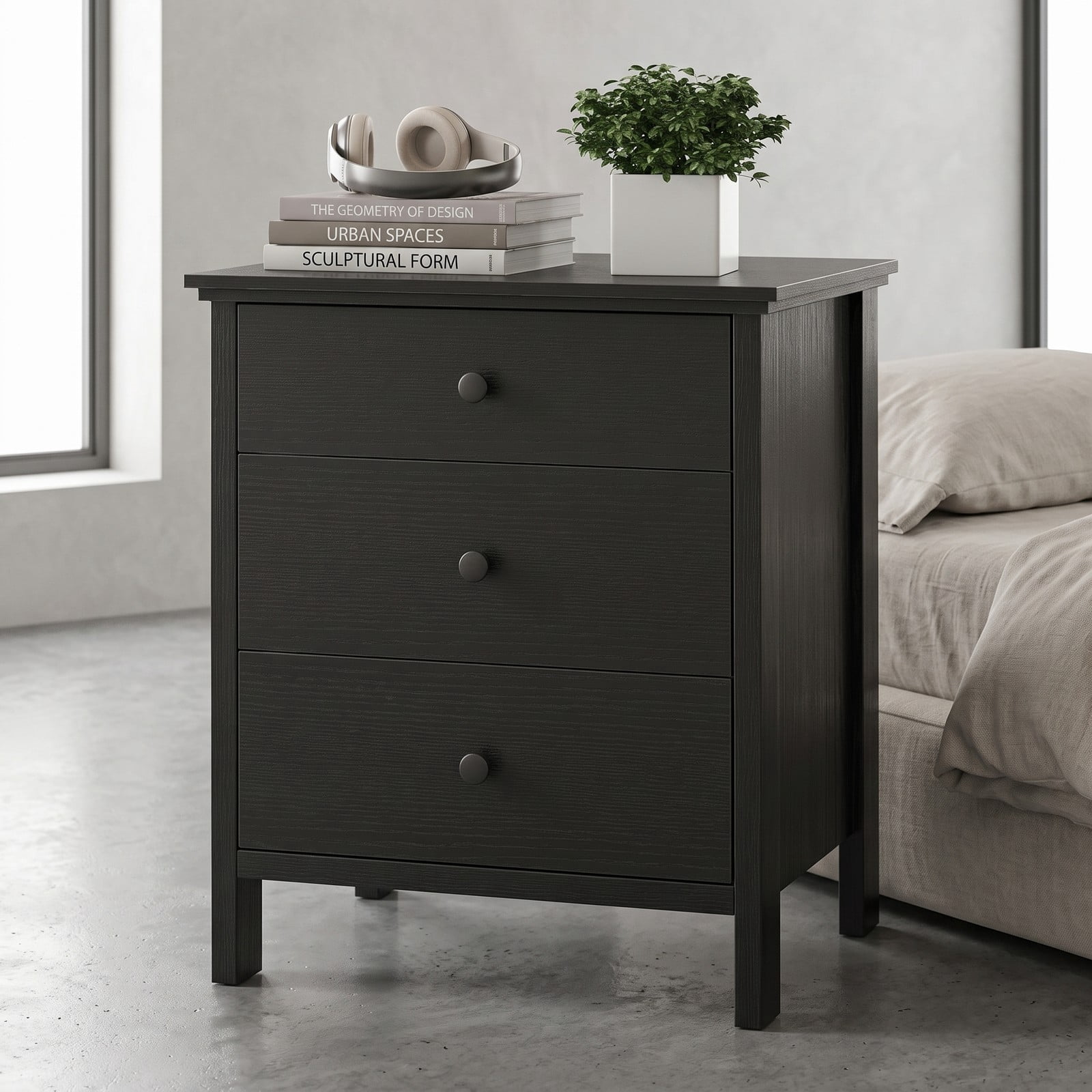 Furnibear 3-Drawer Wooden Nightstand with Wide Tabletop and Smooth Metal Slides for Bedroom Living Room and Study, Black